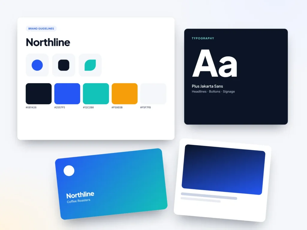 Brand guideline board with logo variations, color swatches and typography