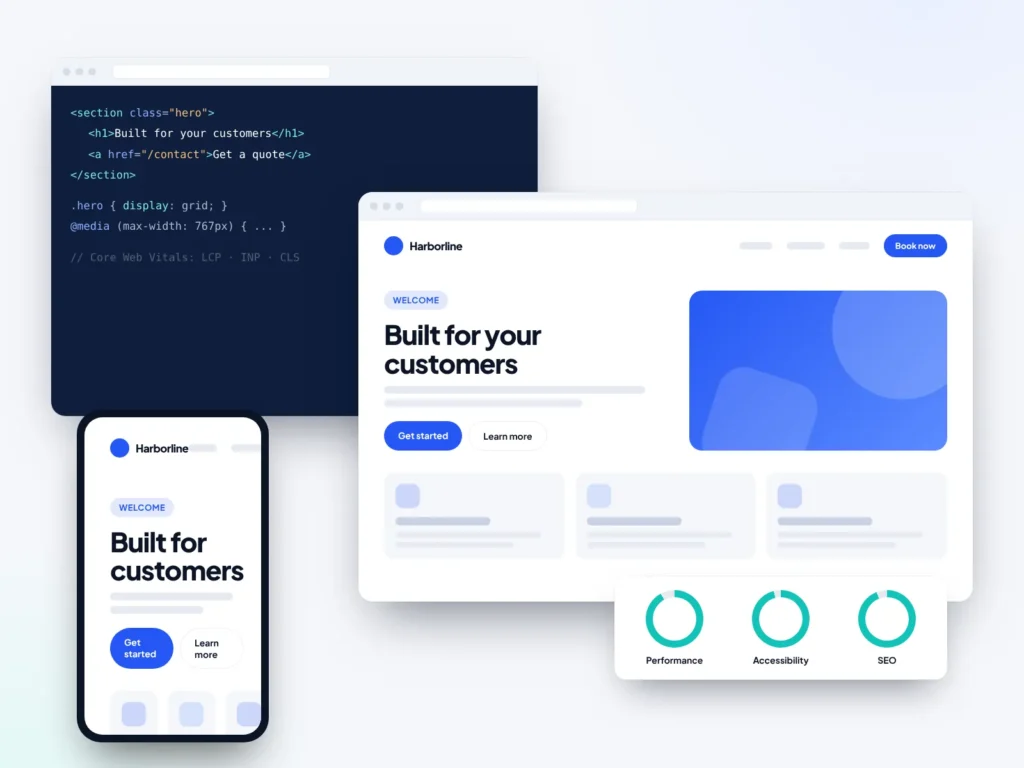 Responsive website mockups on desktop, tablet and phone next to a code editor