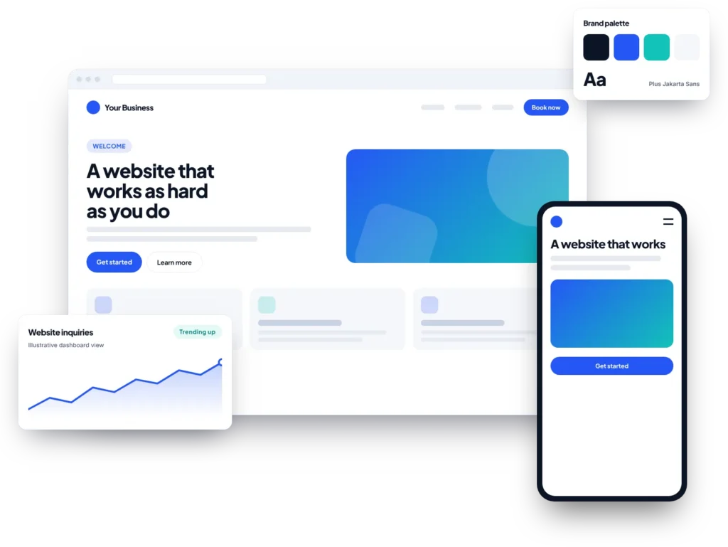 Illustration of a responsive business website on desktop and mobile with a brand palette and analytics card